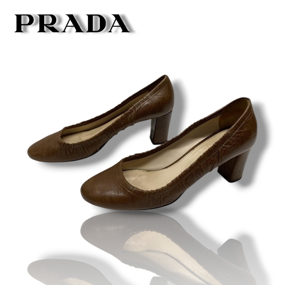 PRADA Ruched Brown Leather Heel Rpund Toe Pumps Size 39